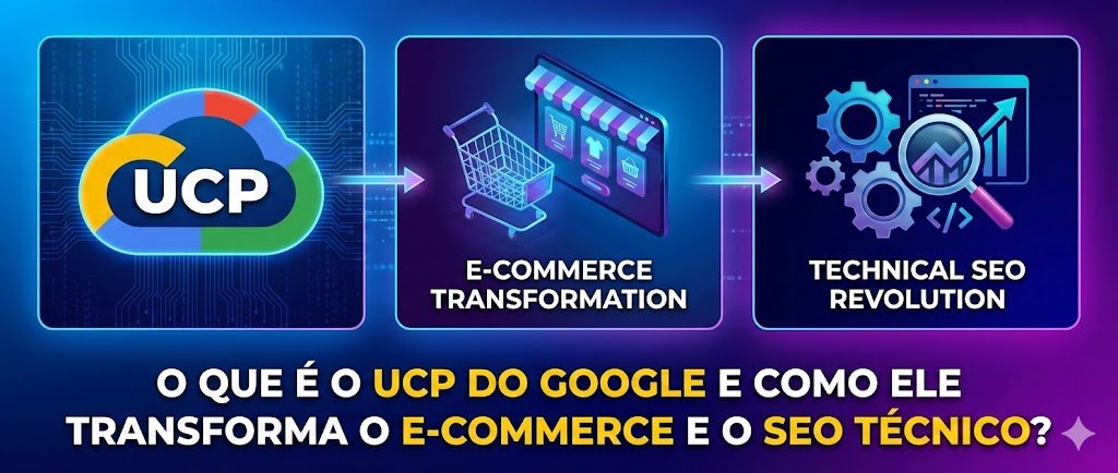 Banner ilustrando o impacto do UCP do Google na transformação do e-commerce e na revolução do SEO técnico, destacando a conexão entre a nuvem, lojas virtuais e otimização de dados.