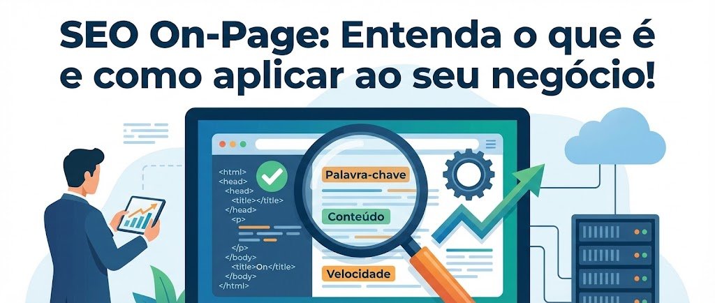 Ilustração sobre SEO On-Page com computador, código e lupa destacando palavra-chave, conteúdo e velocidade, representando a otimização de sites para mecanismos de busca.